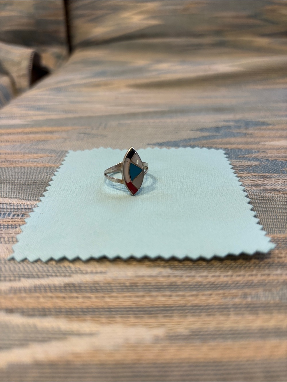 Sterling Silver Marquise Inlay Ring with Blue and Red Accents